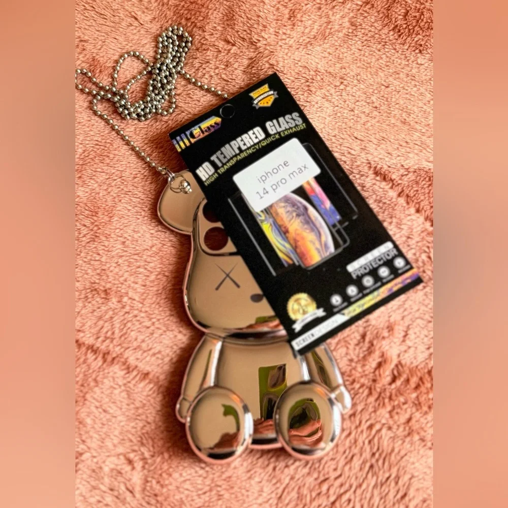 Cute bear-shaped iphone 14 Pro Max Shiny pink gold case.